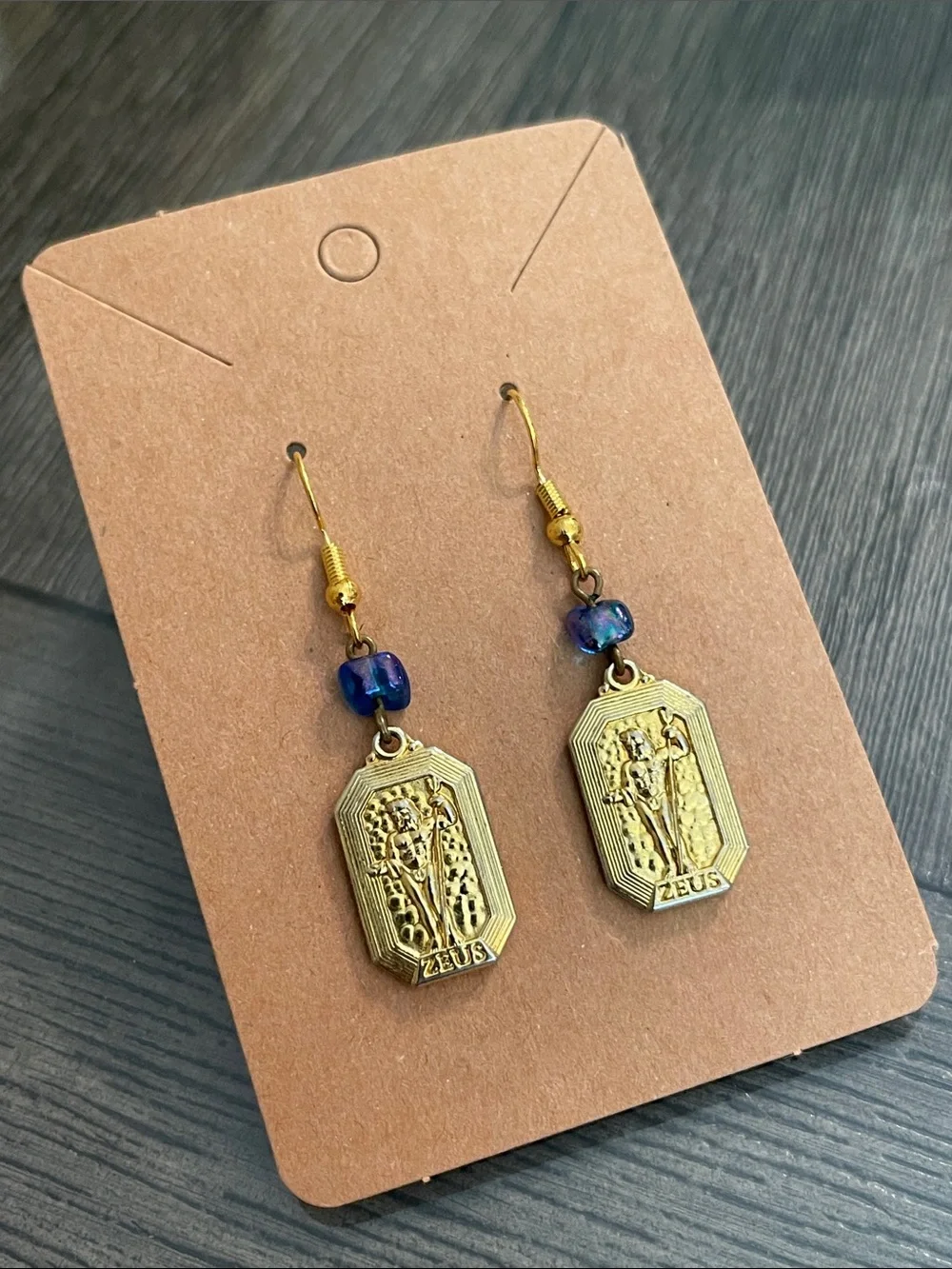 Vintage Gold-tone Rectangular Zeus Medallion Dangle Earrings